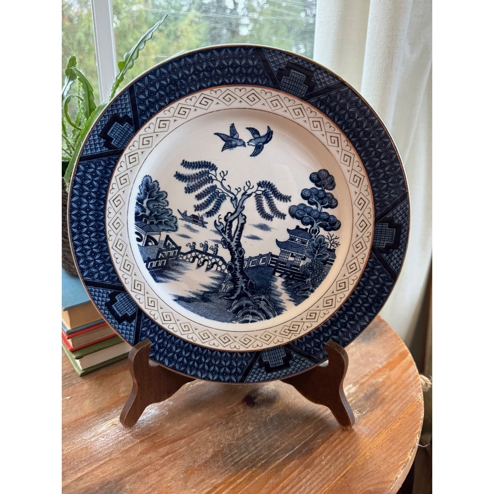 Vintage Double Phoenix NKT Ironstone Blue Willow Plates Set of 3 Japan Gold Trim